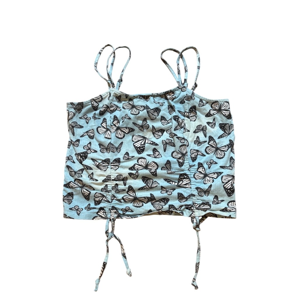 Hot Topic Butterfly Cami Top Women Blue‎ Ruched Y2K Cropped Tank SIZE L
